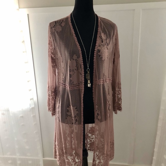 Sheer Stretch Lace Duster Jacket Kimono Size Medium Dusty Pink - Picture 2 of 4